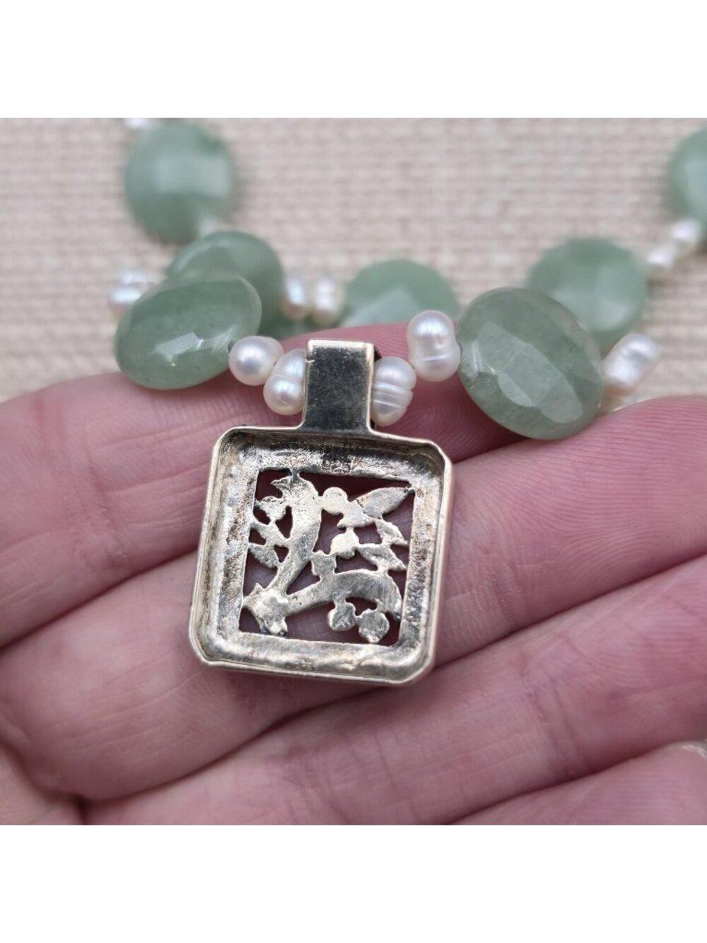 16 Inch Sterling Aventurine Faceted Coin Bead Necklace With Pearl Spacers B1344 - Picture 6 of 9